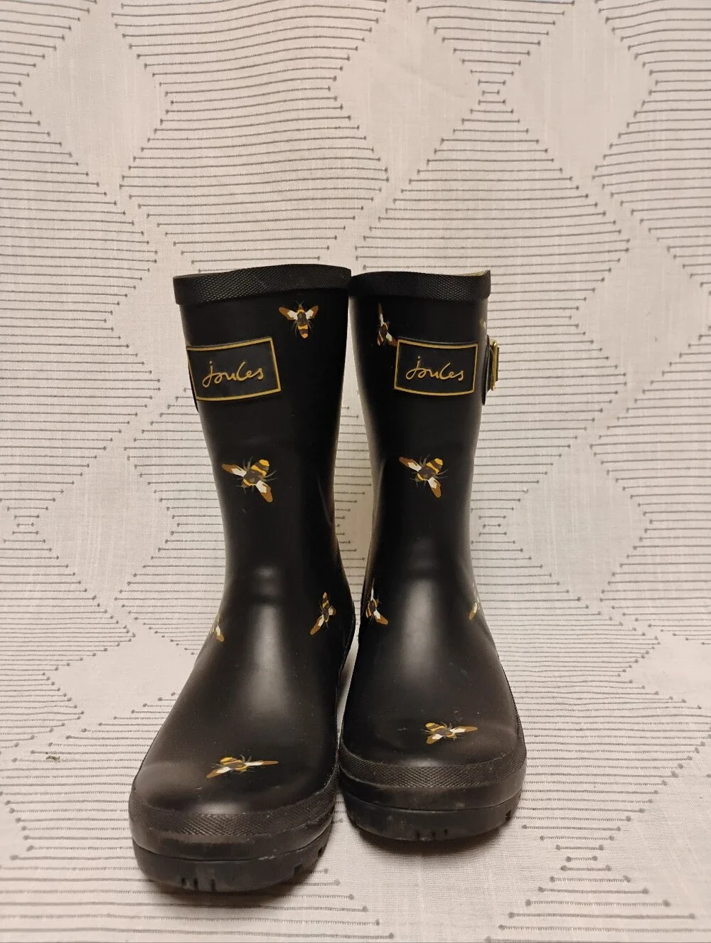 Joules Molly Welly Rain Boots Black Bees Mid Height Rubber Gold Women's Size 6